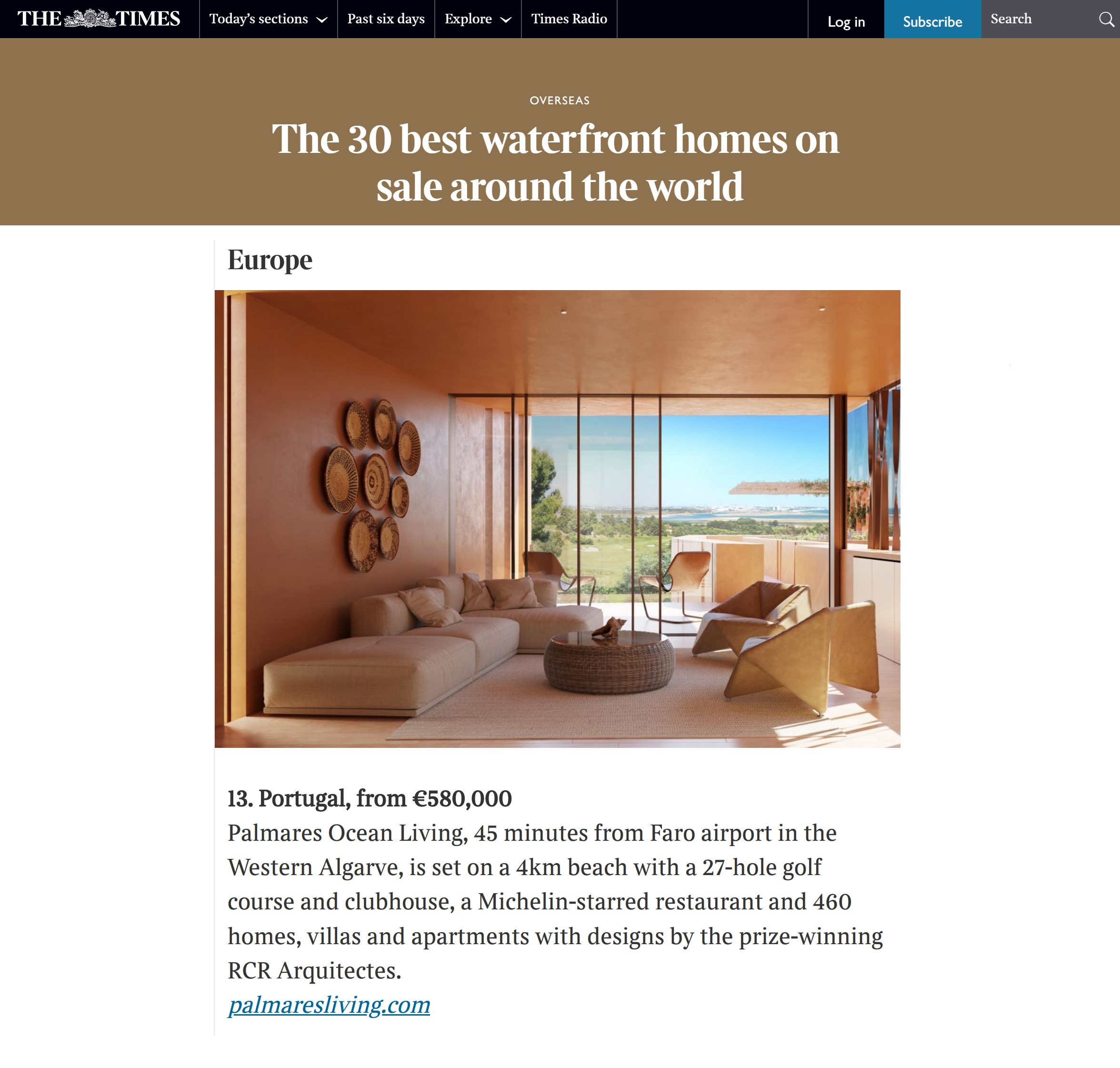 Palmares, entre los mejores 30 proyectos residenciales del mundo frente al mar según The Times