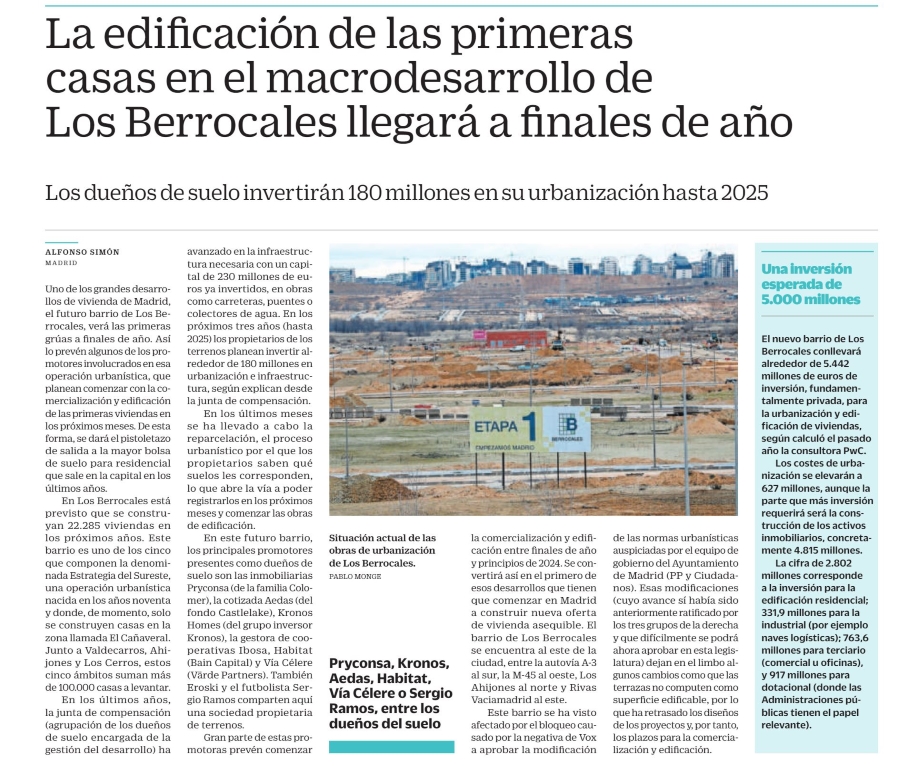 Kronos, entre los principales promotores de Los Berrocales según Cinco Días